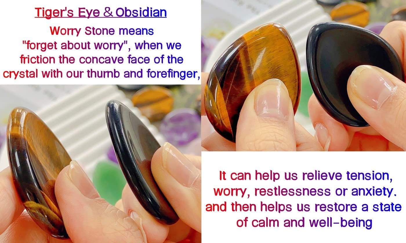 2PCS Worry Stone for Anxiety Tigers Eye Amethyst Healing Crystals Hand Thumb Stones Pocket Gemstones Meditation Accessories Oval Crystal Natural Relax Palm Stone Anxiety Relief Items Stocking Stuffers