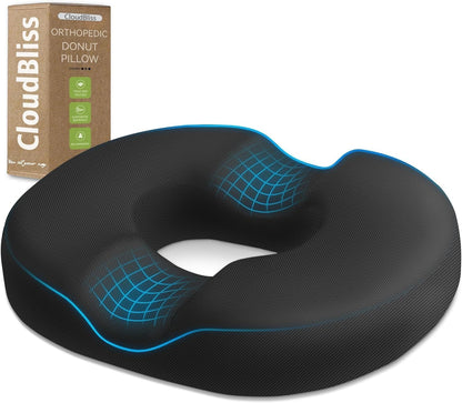 CloudBliss Donut Pillow Stadium Seat Cushion for Tailbone Pain Relief and Hemorrhoids, Memory Foam Seat Chair Cushion, Portable Seat Cushions for Bleachers, Car, Home & Office