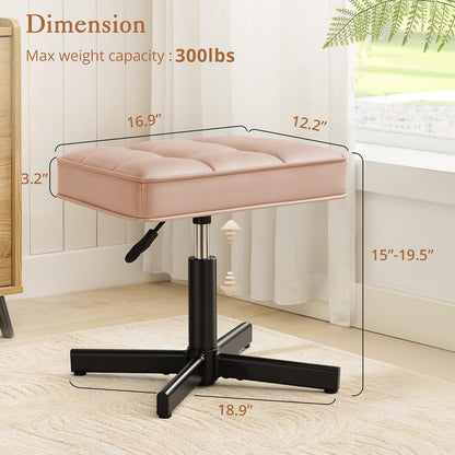 LUE BONA Adjustable Vanity Stool, Foot Rest Under Desk, 360° Swivel Vanity Chair for Makeup Room, Black Upholstered Faux Leather Ottoman for Bathroom & Living Room, 300lbs