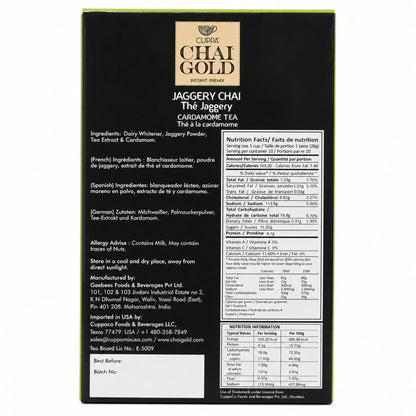 Chai Gold Instant Jaggery Chai Tea Premix Powder, Traditional Indian Milk Tea Latte Mix, Naturally Sweetened with Jaggery, Quick Preparation Hot Beverage, Low Caffeine, 10 count pack