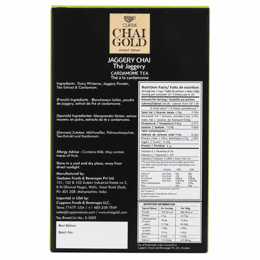 Chai Gold Instant Jaggery Chai Tea Premix Powder, Traditional Indian Milk Tea Latte Mix, Naturally Sweetened with Jaggery, Quick Preparation Hot Beverage, Low Caffeine, 10 count pack