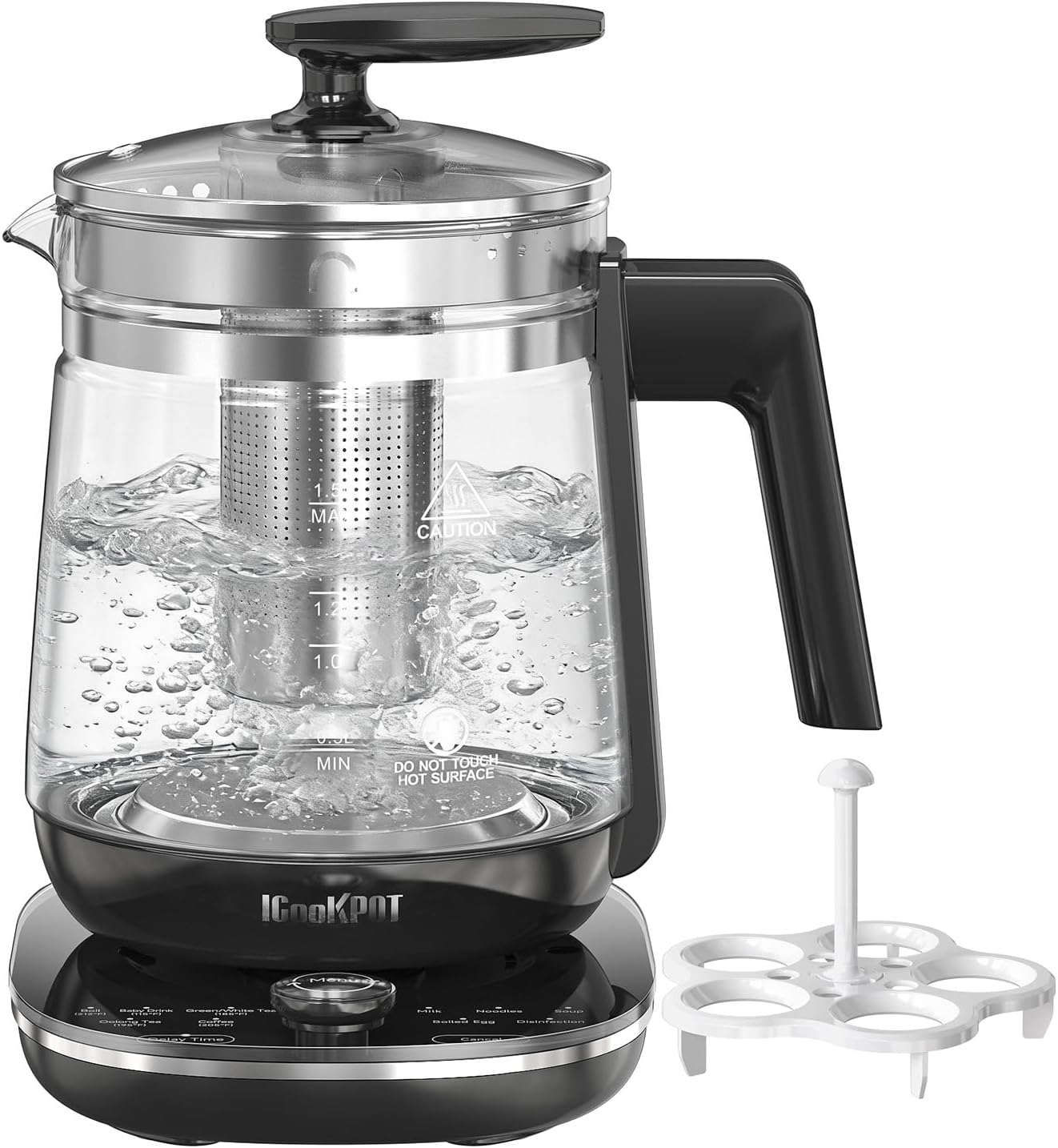 1200w Electric Kettle, 1.5L Borosilicate Glass tea kettle, Hot water kettle electric for Coffee or Tea, BPA Free, Auto Shut-Off, Stainless Steel, Fast Boil, White