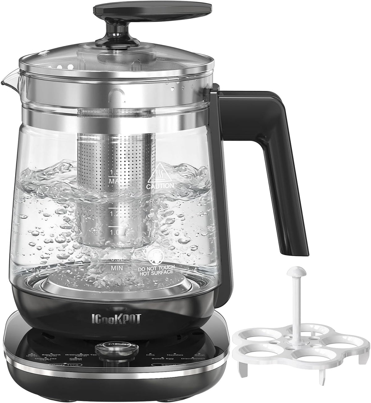 Electric Kettle 1.5L Borosilicate Glass, 1200W Temperature Control Tea Kettle with Auto Shut-Off & Boil-Dry Protection, BPA-Free Stainless Steel Base, Fast Boil for Coffee & Keep Warm, White