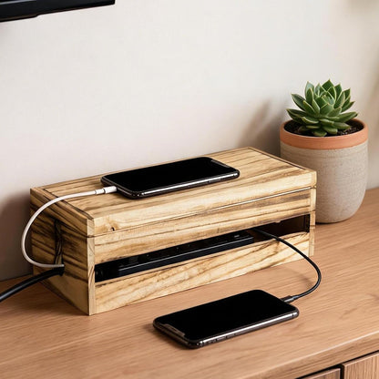 Changsuo Cable Management Box Wooden Cord Organizer Box for Extension Cord Power Stripe Surge Protector Wire Management Concealer Cover Hider for Desktop Home Office Kitchen (Brown)