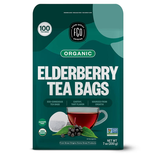 FGO Organic Elderberry Tea, 100 Count, Eco-Conscious Tea Bags, Resealable Bag, Packaging May Vary (Pack of 1)