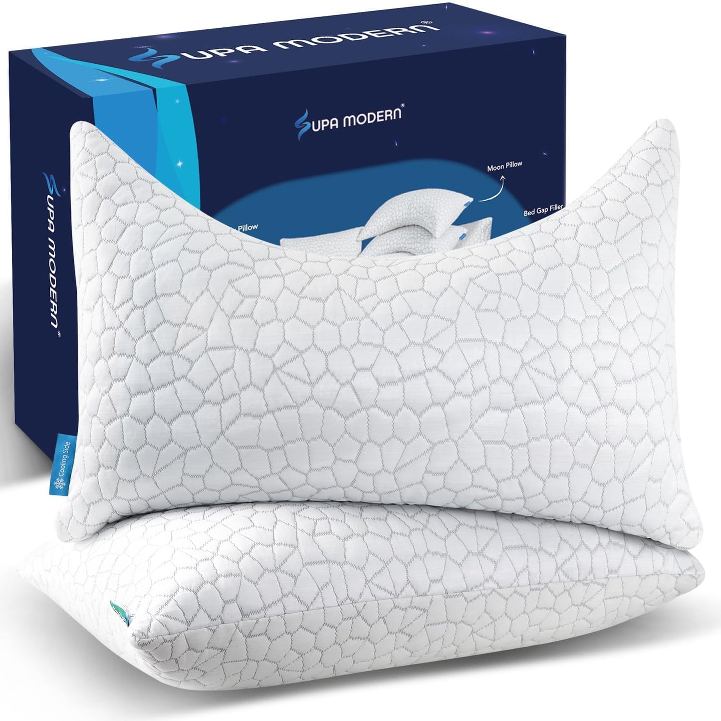 SUPA MODERN Cooling Pillow Queen Size Set of 2, CertiPUR-US Shredded Memory Foam Pillows for Sleeping, Cool Bed Pillows for Hot Sleepers, Adjustable Firm Pillow for Side,Back,Stomach Sleepers