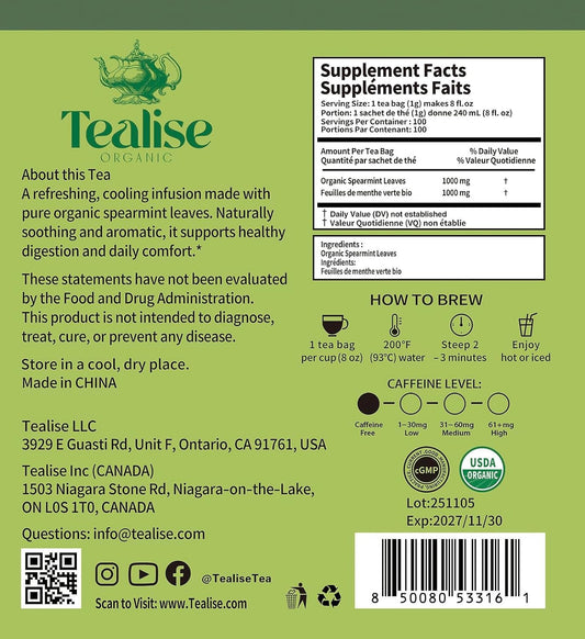 Organic Spearmint Tea Bags 100 Count – Spearmint Herbal Tea – Caffeine Free Mint Tea – Fresh, Smooth and Naturally Refreshing – Eco-Conscious Plant-Based Tea Bags by Tealise