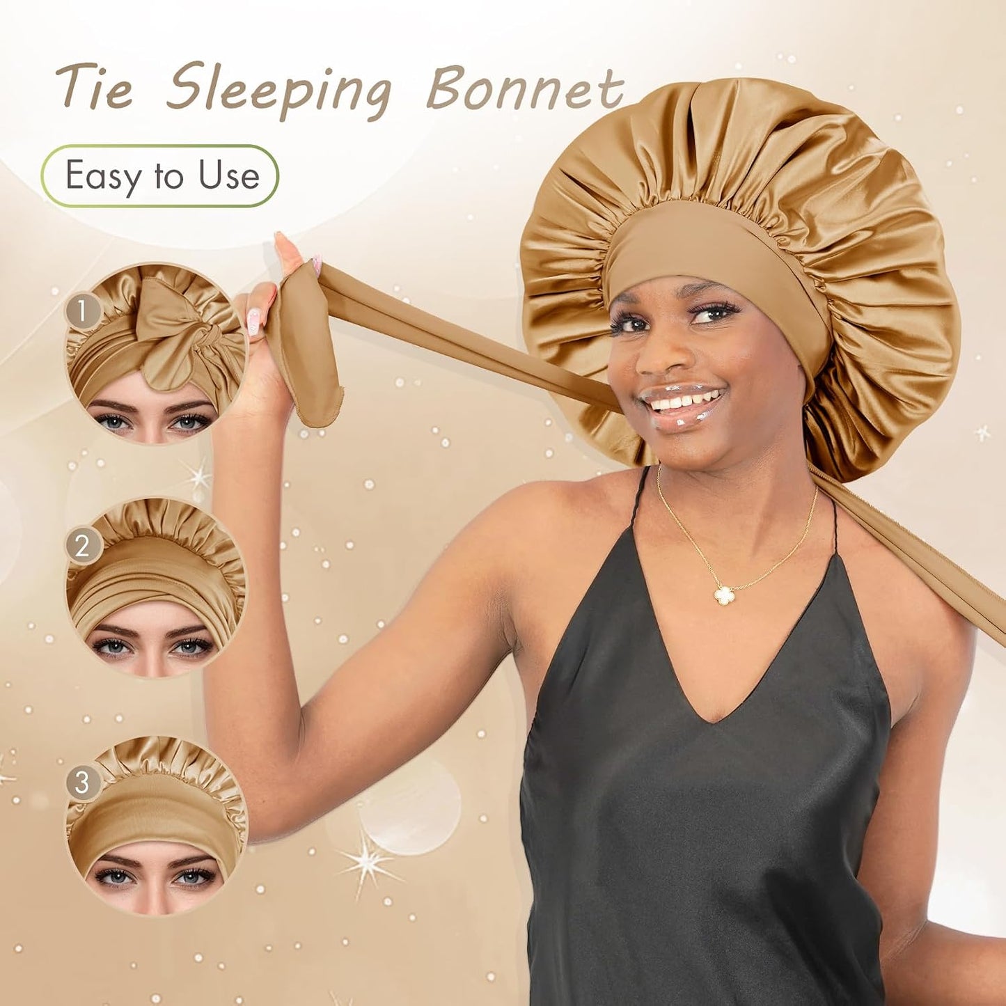 BONNET QUEEN Silk Bonnet for Sleeping for Women Satin Bonnet Night Cap for Curly Hair with Tie Band, Single Layer, Cream Pink