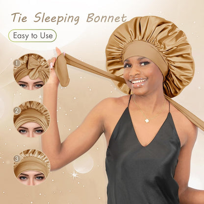 BONNET QUEEN Silk Bonnet for Sleeping for Women Satin Bonnet Night Cap for Curly Hair with Tie Band, Single Layer, Cream Pink