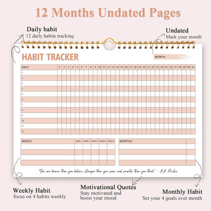Habit Tracker Calendar, Daily Weekly Goal and Habit Tracker Journal, 12 Months Undated Habits Tracker Planner with Spiral Binding, Boost Productivity Tool and Workout Calendar, 11.7"x8.5"