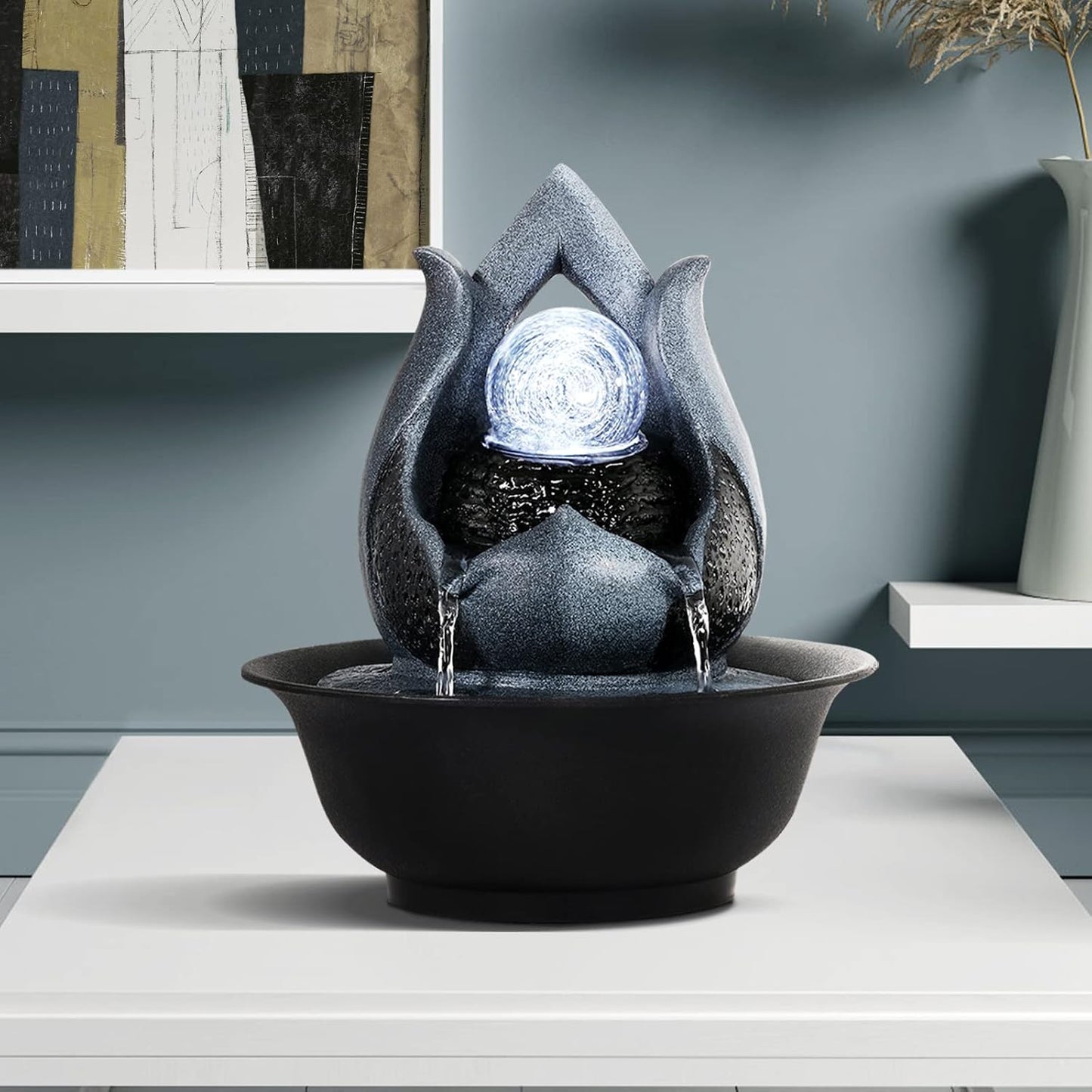 WICHEMI Indoor Fountain Tabletop Fountain Waterfall Fountains Stacked Rocks | Desktop Fountain With LED Light, Soothing Sound, Stress Relief, Humidifies Air, No Plumbing, Easy Setup, 11.8"X8.7"X5.9"
