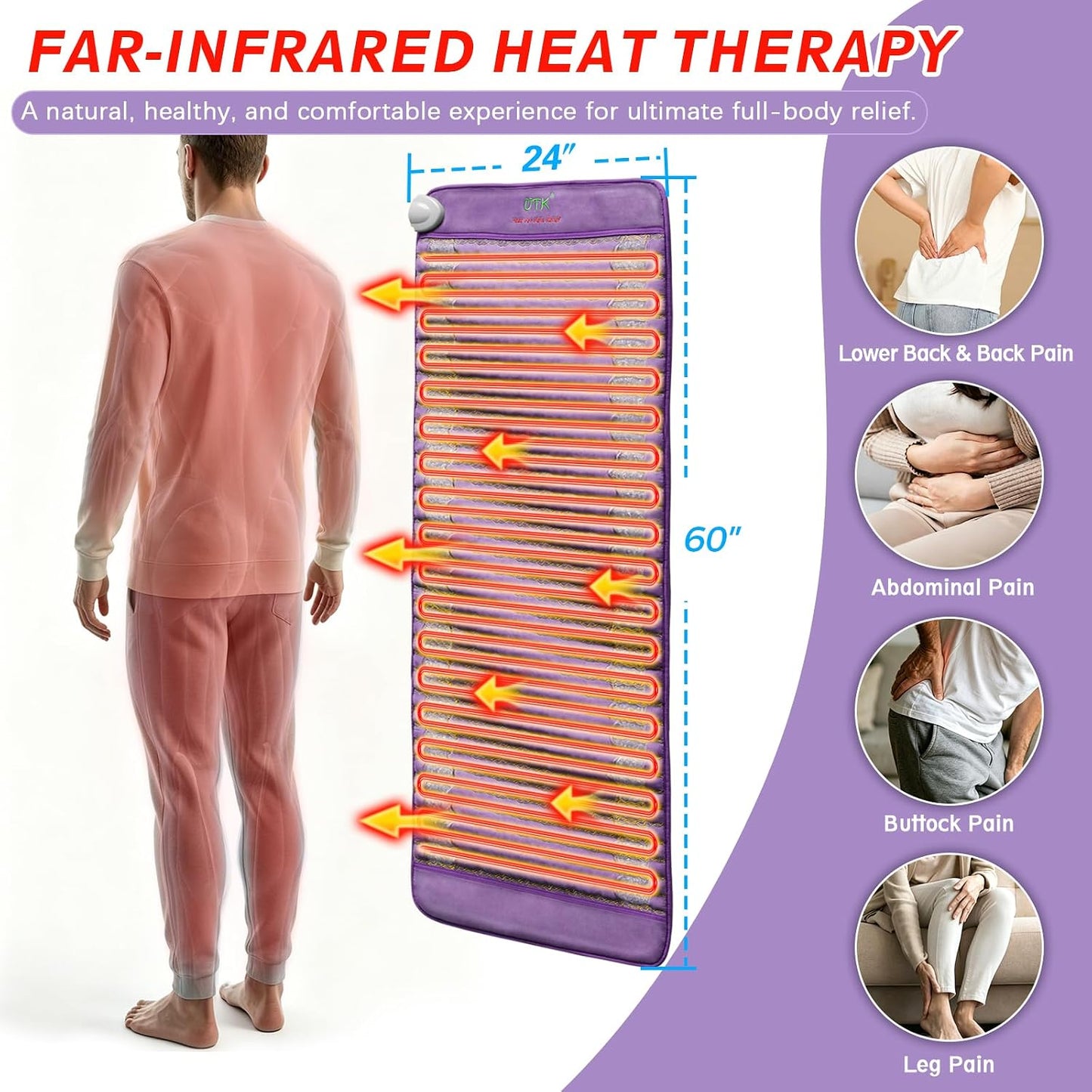 UTK Far Infrared Heating Pads for Back, 5X Pain Relief Amethyst Heating Pad for Sciatica, Waist, Abdomen, Thigh, Hip, Hotter to 159℉, FSA-HSA Eligible, 4H Auto-Off, Gift for Women Men, 24'' x 16''