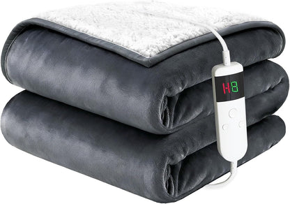 Electric Blanket Heated Throw, Soft Flannel 50"x60" Heating Blanket with 8 Hours Auto Off 10 Fast Heating Levels Machine Washable Sherpa Heated Blanket with Overheating Protection