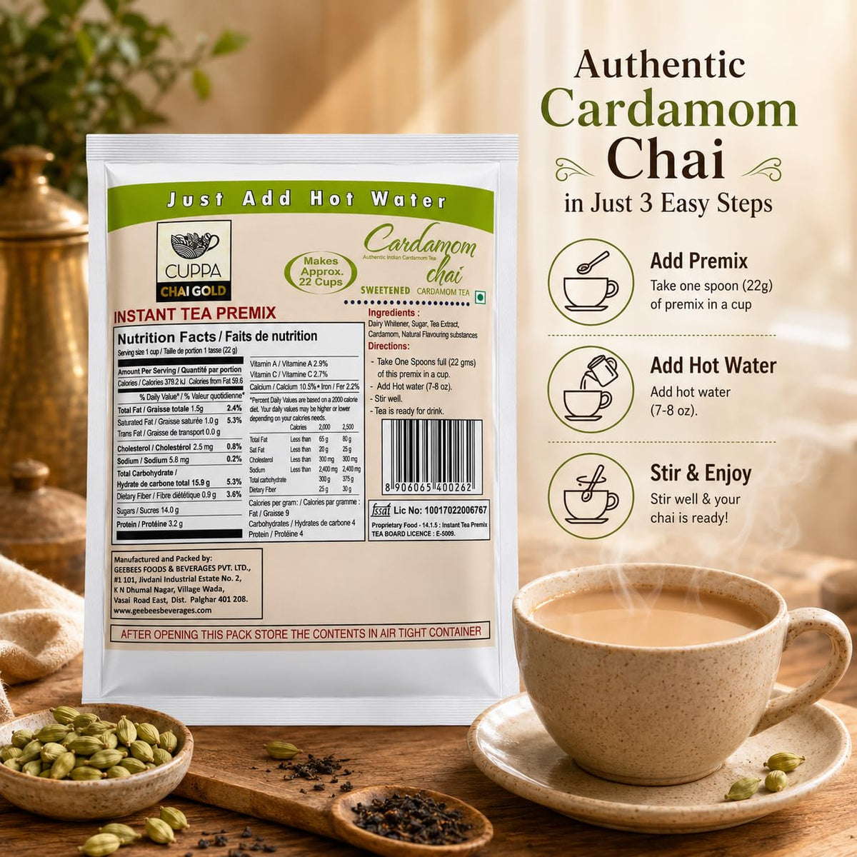 Chai Gold Instant Chai Tea Premix Powder - Sweetened Milk Tea Latte Mix for Home and Beverage Dispensers - [500g / 1.1 lb Bulk Bag] (Kadak)