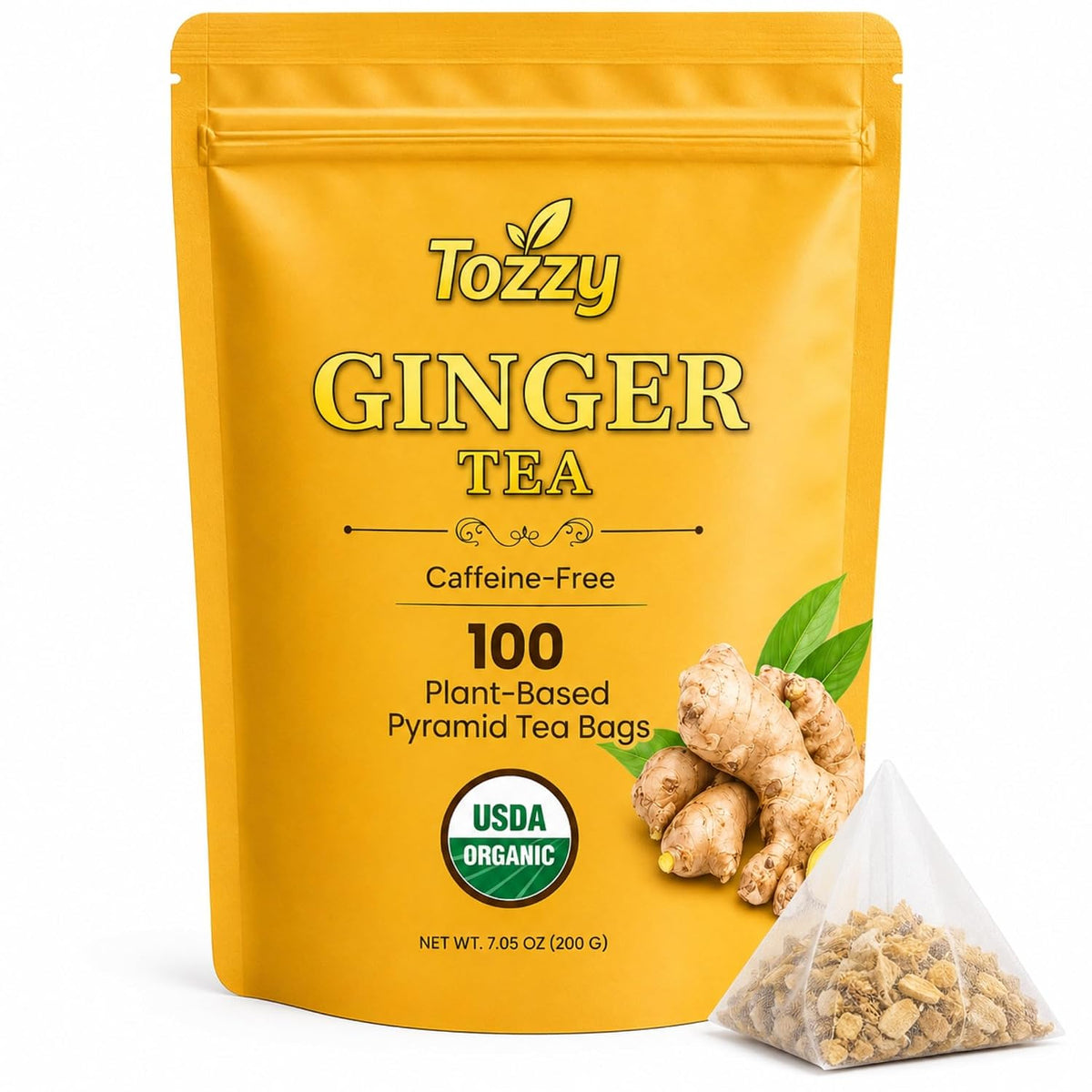Tozzy Organic Ginger Tea – 100 Count, Plant-Based Pyramid Tea Bags – Packaging May Vary