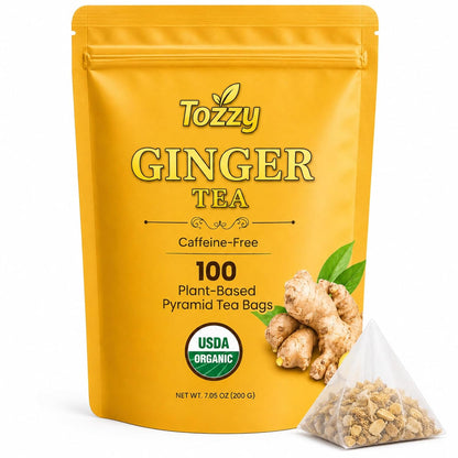 Tozzy Organic Ginger Tea – 100 Count, Plant-Based Pyramid Tea Bags – Packaging May Vary