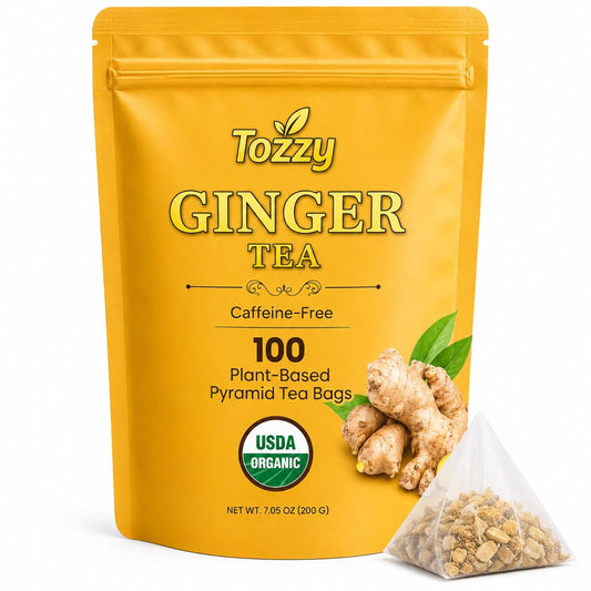 Tozzy Organic Ginger Tea – 100 Count, Plant-Based Pyramid Tea Bags – Packaging May Vary
