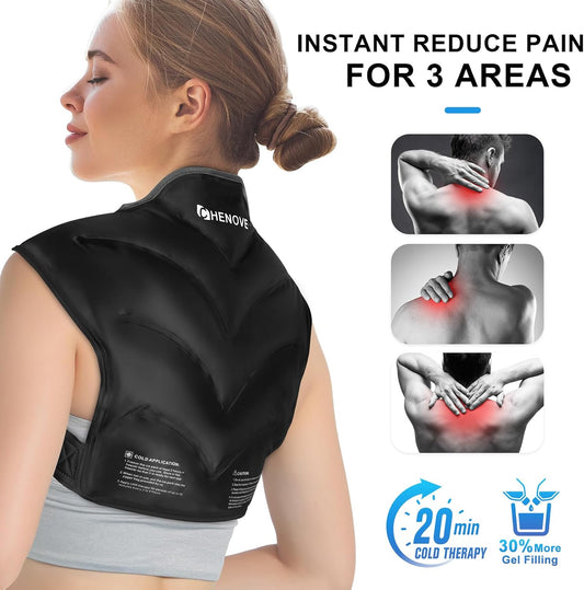 Chenove Ice Pack for Shoulders Upper Back with Strap, Neck and Shoulder Ice Pack Wrap Rotator Cuff Gel Reusable with Cold Compression Therapy, Soreness (Black)