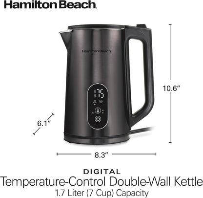 Hamilton Beach Digital Temperature Control Electric Tea Kettle, Hot Water Boiler & Heater 1.7L, 5 Preset Modes + Keep Warm, Fast Boil 1500 Watts, BPA Free, Double Wall Construction, Black (40851)