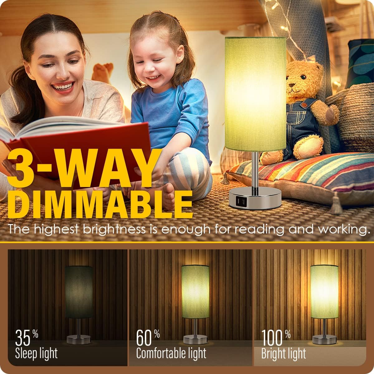 Yarra-Decor Bedside Table Lamp with USB Ports - Touch Control for Bedroom 3 Way Dimmable Nightstand Lamp with Round Fabric Shade for Living Room, Dorm, Home Office, Corded Electric, Without Battery
