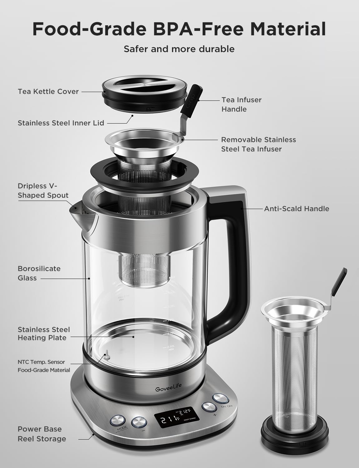 GoveeLife Smart Electric Kettle, Tea Infuser for Loose Leaf, 1.7L Silver