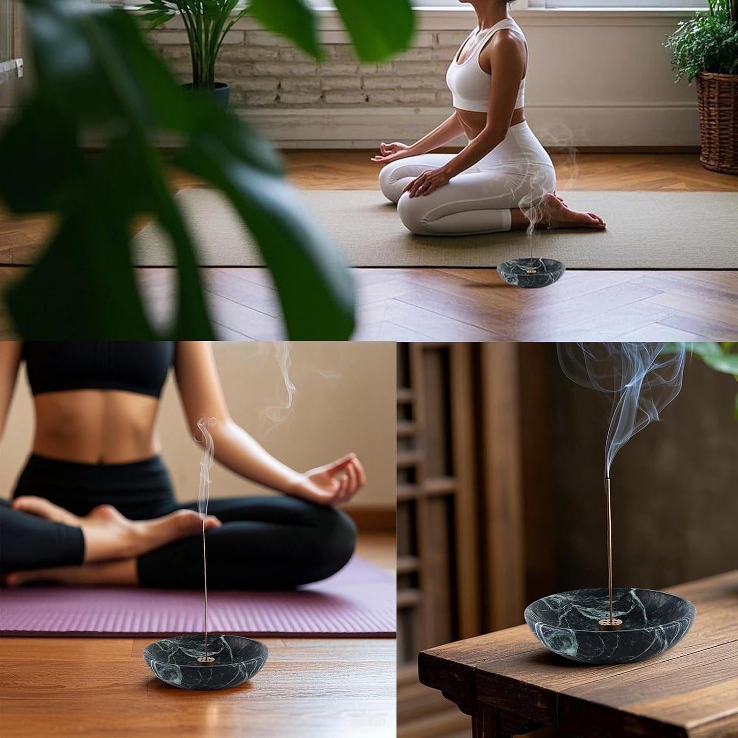 Koville Natural Marble Incense Holder, Incense Holder for Sticks with 9 Holes, Handmade Incense Burner Ash Catcher for Meditation Yoga SPA, Balsam Fir/Palo Santo/Sage/Cone (White)