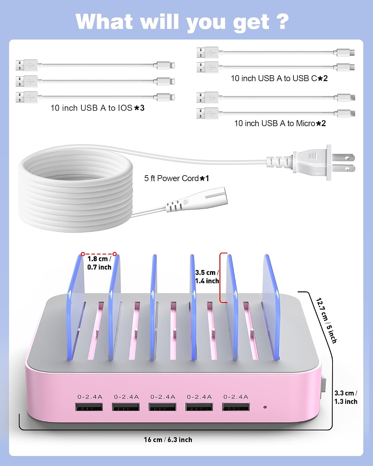 MSTJRY Charging Station for Multiple Devices : 5 Port Multi USB-A Charger Stations Multi-Device Organizer Charging Dock Designed for iPhone iPad Cell Phone Tablets (7 Short Cables Included)