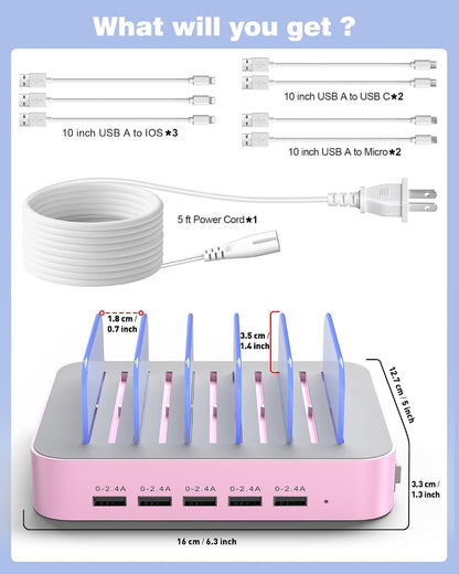 MSTJRY Charging Station for Multiple Devices : 5 Port Multi USB-A Charger Stations Multi-Device Organizer Charging Dock Designed for iPhone iPad Cell Phone Tablets (7 Short Cables Included)