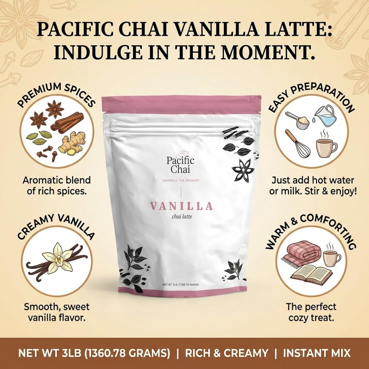 Pacific Chai Spiced Chai Latte Mix, Instant Chai Tea Latte Drink Mix, Gluten Free, Kosher Certified Powder Beverage, Café Style Chai Latte, 3 LB
