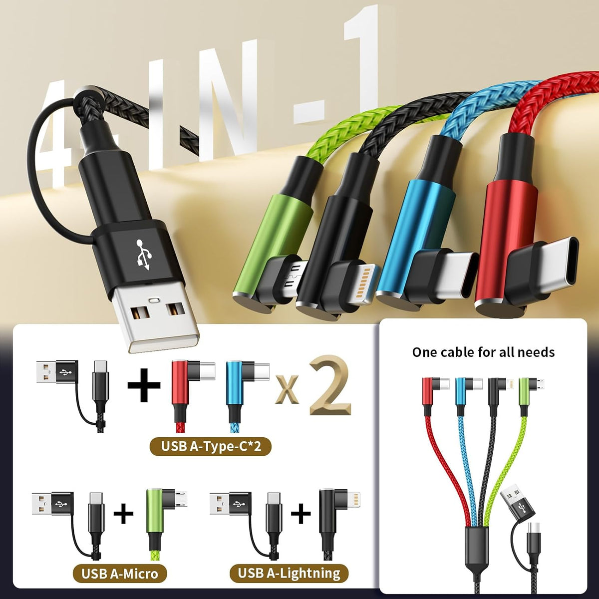 4 in 1 Multi Charging Cable, 5FT Charging Cords for Multiple Devices