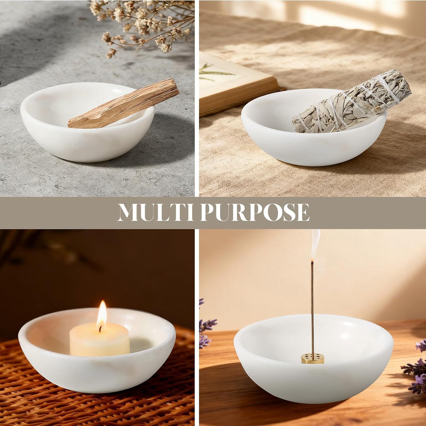 Koville Natural Marble Incense Holder, Incense Holder for Sticks with 9 Holes, Handmade Incense Burner Ash Catcher for Meditation Yoga SPA, Balsam Fir/Palo Santo/Sage/Cone (White)