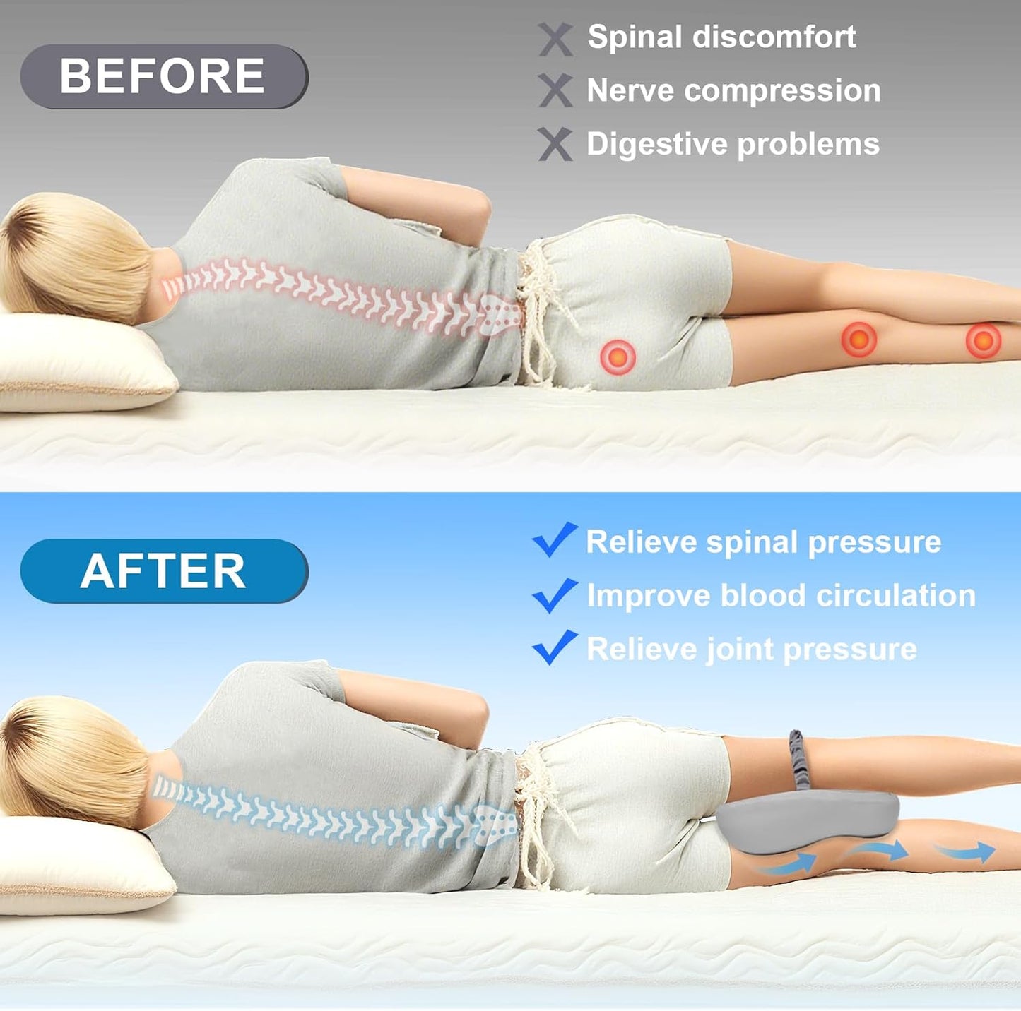 Knee Pillow for Side Sleepers Memory Foam Sciatica Pain Relief Leg Pillow, Removable Breathable Cover & Elastic Strap Grey