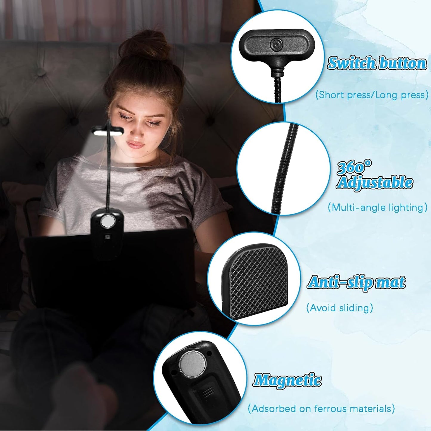 Rechargeable Book Light, Reading Lights for Books in Bed with 3 Color Temperatures & Stepless Dimming Brightness, 360°rotatable clip-on reading light with magnetic suction, suitable for Book Lovers