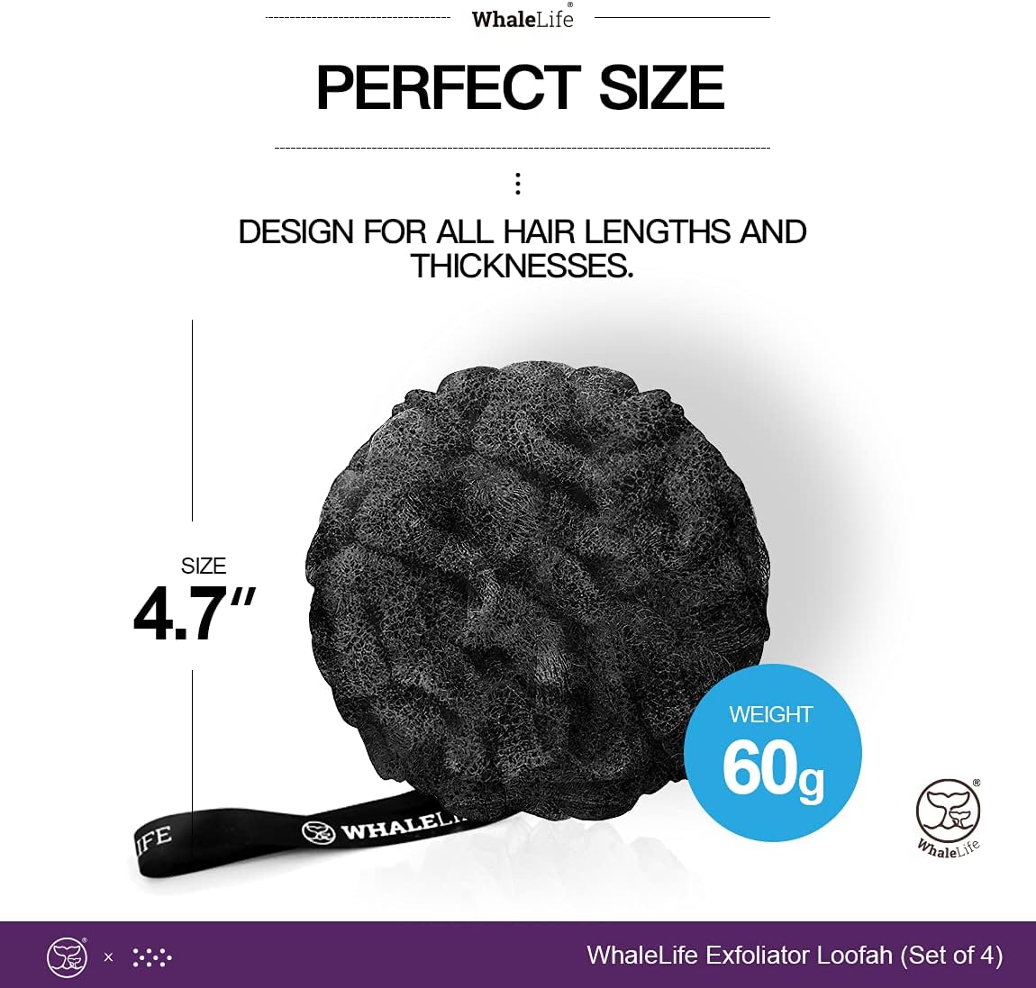 WhaleLife Loofah Bath Sponges - Black Gentle Exfoliating Shower Loofah for Rich Lather, Durable Mesh Body Scrubber for Men & Women 4 Pack