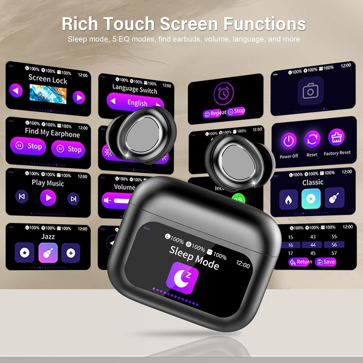 Sleep Earbuds Bluetooth 5.4 in Ear Touch Screen Sleep Headphones, Small Design Mini Sleep Earbuds for Side Sleepers with Sleep Mode, 48H Playtime Sleep Earphones Clear Calls, Raven Black