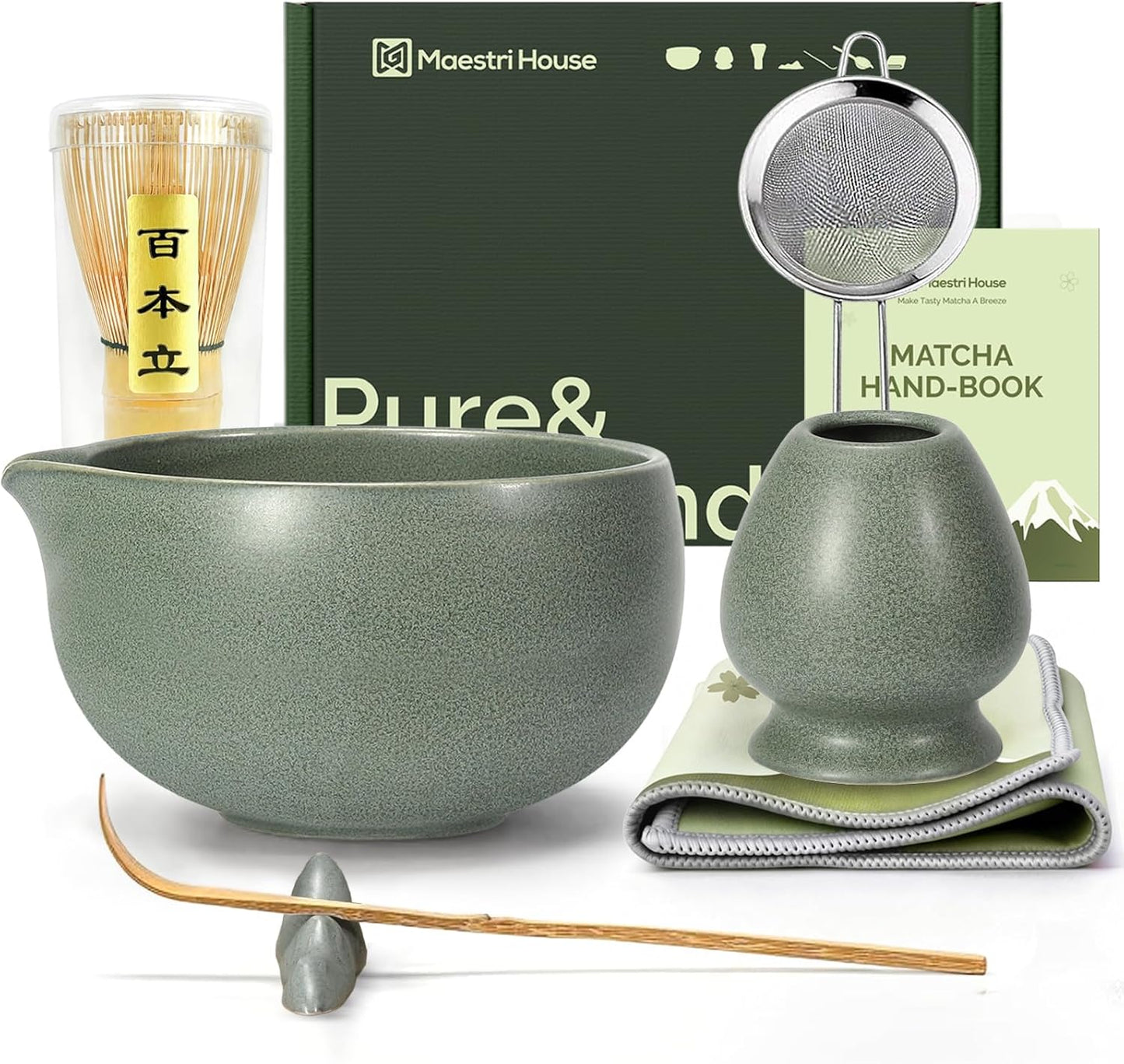 Maestri House Matcha Whisk Set, 7-Pc Complete Matcha Kit with Spouted Ceramic Bowl, Bamboo Whisk and Holder, Scoop, Spoon Rest & Sifter, Tea Cloth – Ideal Gift for Matcha Lovers (Black Stone)