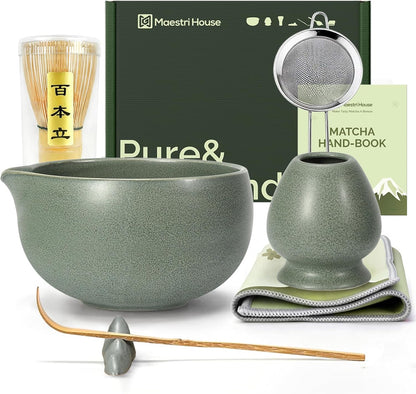 Maestri House Matcha Whisk Set, 7-Pc Complete Matcha Kit with Spouted Ceramic Bowl, Bamboo Whisk and Holder, Scoop, Spoon Rest & Sifter, Tea Cloth – Ideal Gift for Matcha Lovers (Black Stone)