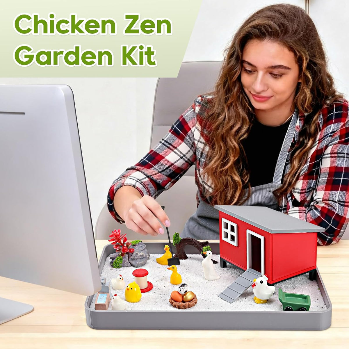 Chicken Zen Garden for Desk - 20Pcs Desk Zen Garden Kit with Coop, Sand, Hen Figurines & Rakes for Office Decor, Meditation and Stress Relief, White Elephant Gifts for Chicken Lovers