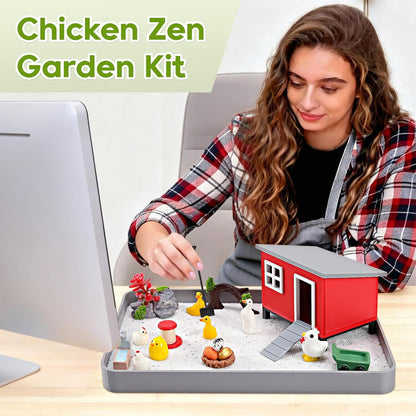 Chicken Zen Garden for Desk - 20Pcs Desk Zen Garden Kit with Coop, Sand, Hen Figurines & Rakes for Office Decor, Meditation and Stress Relief, White Elephant Gifts for Chicken Lovers