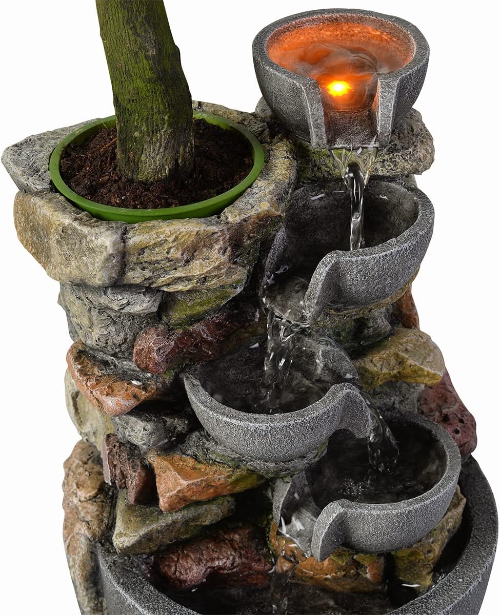 Haobos Indoor Fountain 4-Bowl Rockery Soothing Sound Tabletop Fountains Home/Office Decor Gift for Mom,Mother Day Present with A Small Plastic Pot to Grow Plant/Hebs By Yourself (Automatic Watering)