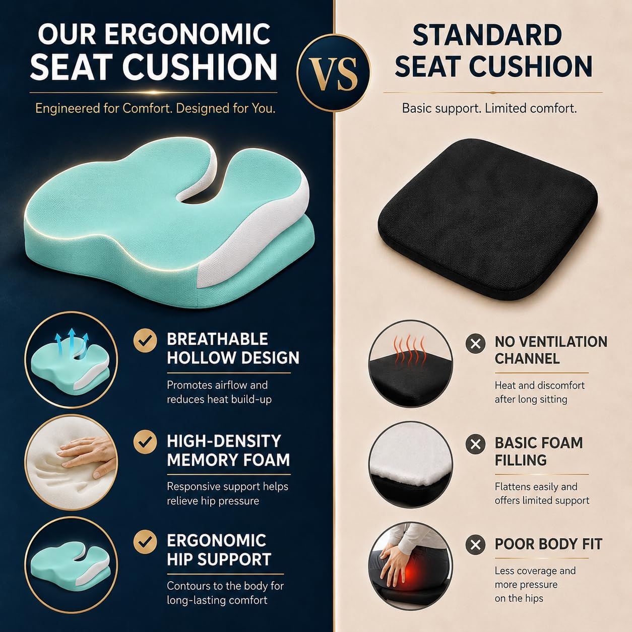 Seat Cushions for Office Chairs Wheelchair Cushion for Long Sitting Back Pain，Memory Foam Seat Car Computer Desk Chair Cushion，Coccyx Cushion for Tailbone Pain Relief Cushion Office Chair Black