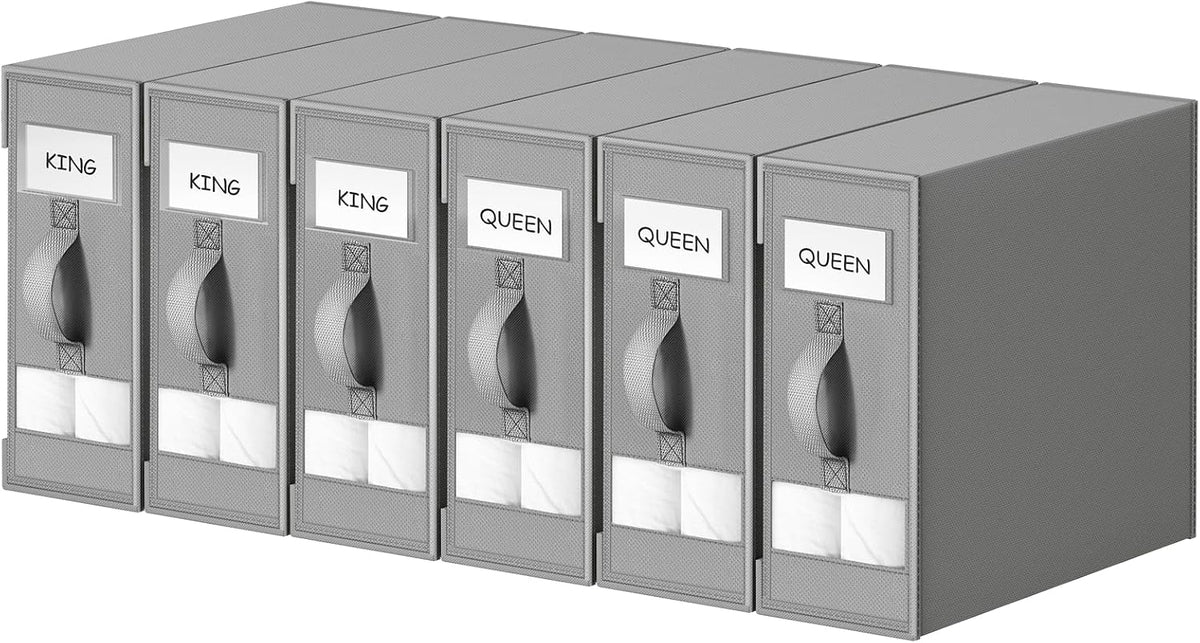 DIMJ Bed Sheet Organizers and Storage - Foldable Sheet Holder, Linen Closet Organizer Box for Sheets Set, Bedding, Blankets, Towel (King & Queen Size), Grey