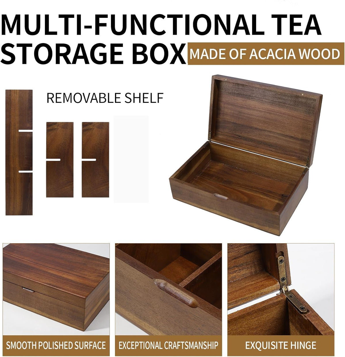 Acacia Wooden Tea Bag Organizer Box, Countertop Tea Station