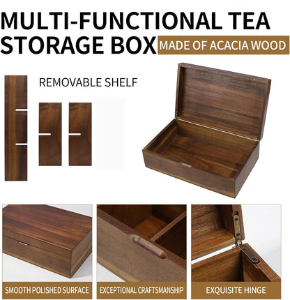 Acacia Wooden Tea Bag Organizer Box, Countertop Tea Station