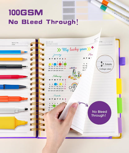 Hardcover Spiral Notebook journal with Removable Dividers Tabs, 300 Pages Leather 5 Subject Notebook College Ruled, 8"x10" Large B5 Notebooks for Work School Note taking, Lined Journal for Women,Black