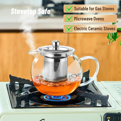 Baalaka Glass Teapot Stovetop 20 OZ/600ml, Tea pot with Removable 18/8 Stainless Steel Infuser, Borosilicate Clear Tea Kettle, Teapot Blooming and Loose Leaf Tea Maker Tea Brewer for Camping, Travel