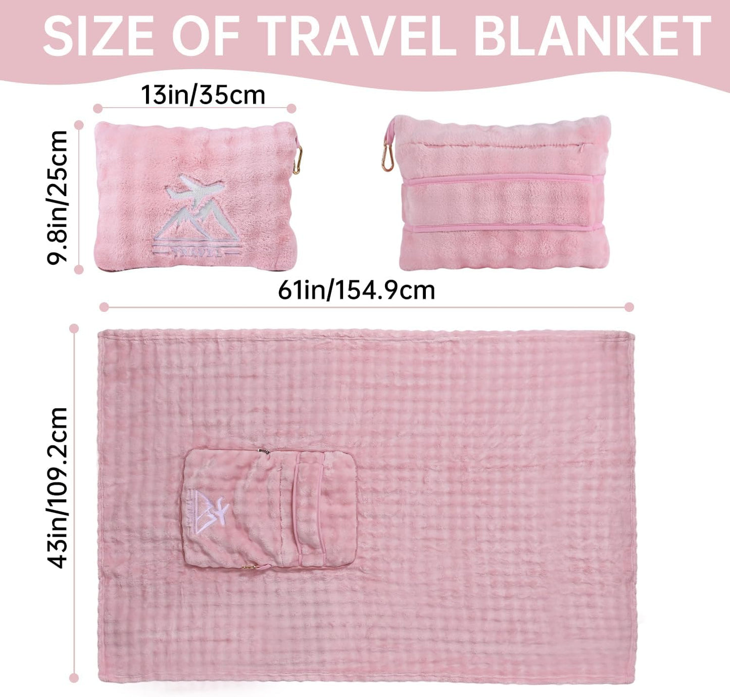 Travel Blanket and Pillow-2-in-1, Ultra-Soft&Compact, One-Piece Airplane Blanket with Hand Luggage Belt and Backpack Clip,Travelers Accessories Gifts, 61x43 Inches (Blue)