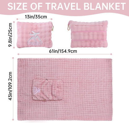 Travel Blanket and Pillow-2-in-1, Ultra-Soft&Compact, One-Piece Airplane Blanket with Hand Luggage Belt and Backpack Clip,Travelers Accessories Gifts, 61x43 Inches (Blue)