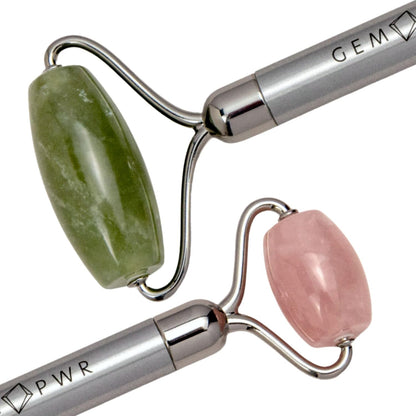 Amethyst + Jade Roller for Face and Neck Massage, Dual Gemstones with Durable Steel Handle and Travel Bag. Minimize Wrinkles, Reduce Puffiness and Restore Skin's Elasticity and Radiance