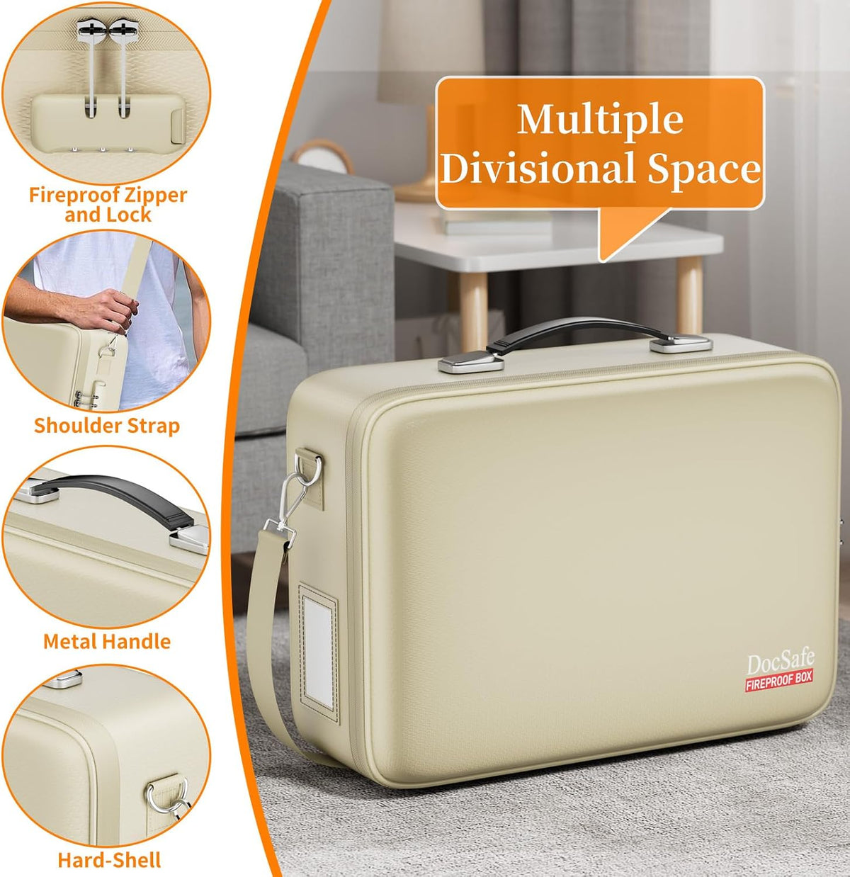 DocSafe Fireproof File Organizer with Lock, Hard-Shell Case Fireproof Document Box with 13 Pocket Accordion File Folder, Portable Home Office Travel Safe Storage for Important Documents Laptop Beige